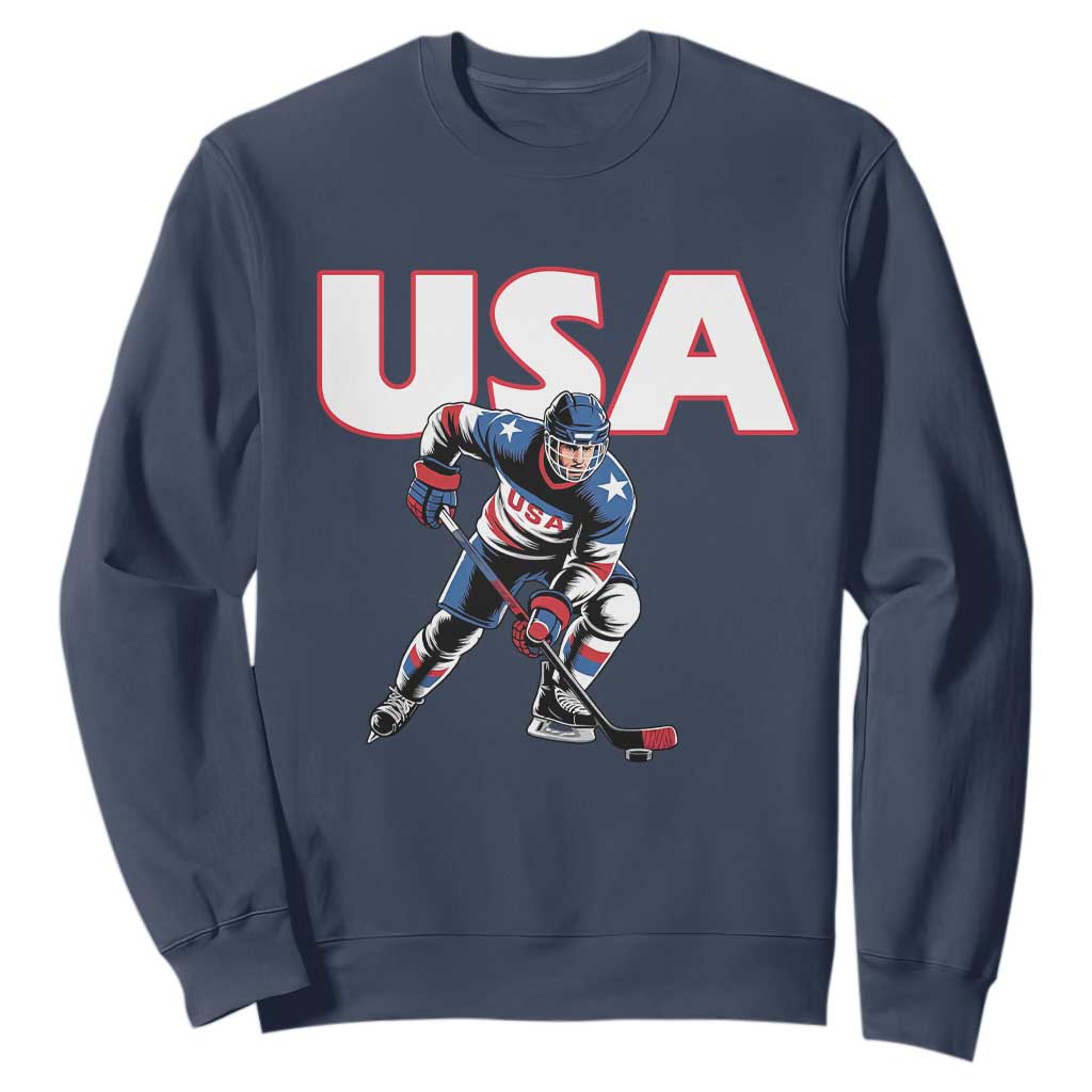 USA Ice Hockey Player Patriotic Graphic Sweatshirt Red White and Blue American Sports Fan TS02 Navy Print Your Wear