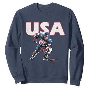 USA Ice Hockey Player Patriotic Graphic Sweatshirt Red White and Blue American Sports Fan TS02 Navy Print Your Wear