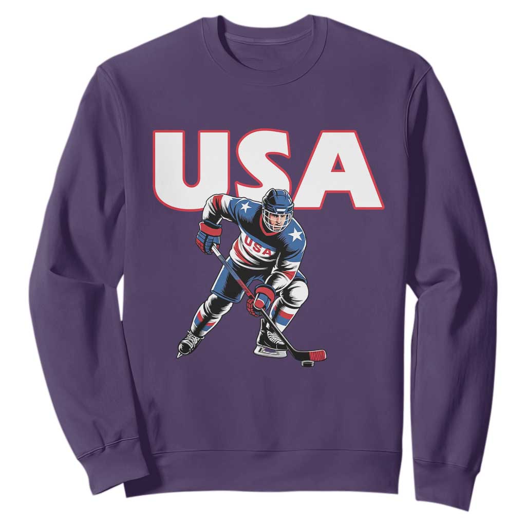 USA Ice Hockey Player Patriotic Graphic Sweatshirt Red White and Blue American Sports Fan TS02 Purple Print Your Wear