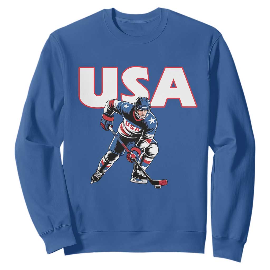 USA Ice Hockey Player Patriotic Graphic Sweatshirt Red White and Blue American Sports Fan TS02 Royal Blue Print Your Wear