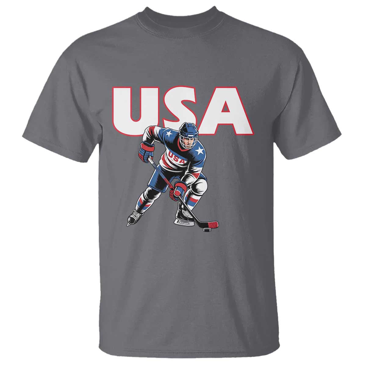 USA Ice Hockey Player Patriotic Graphic T Shirt Red White and Blue American Sports Fan TS02 Charcoal Print Your Wear