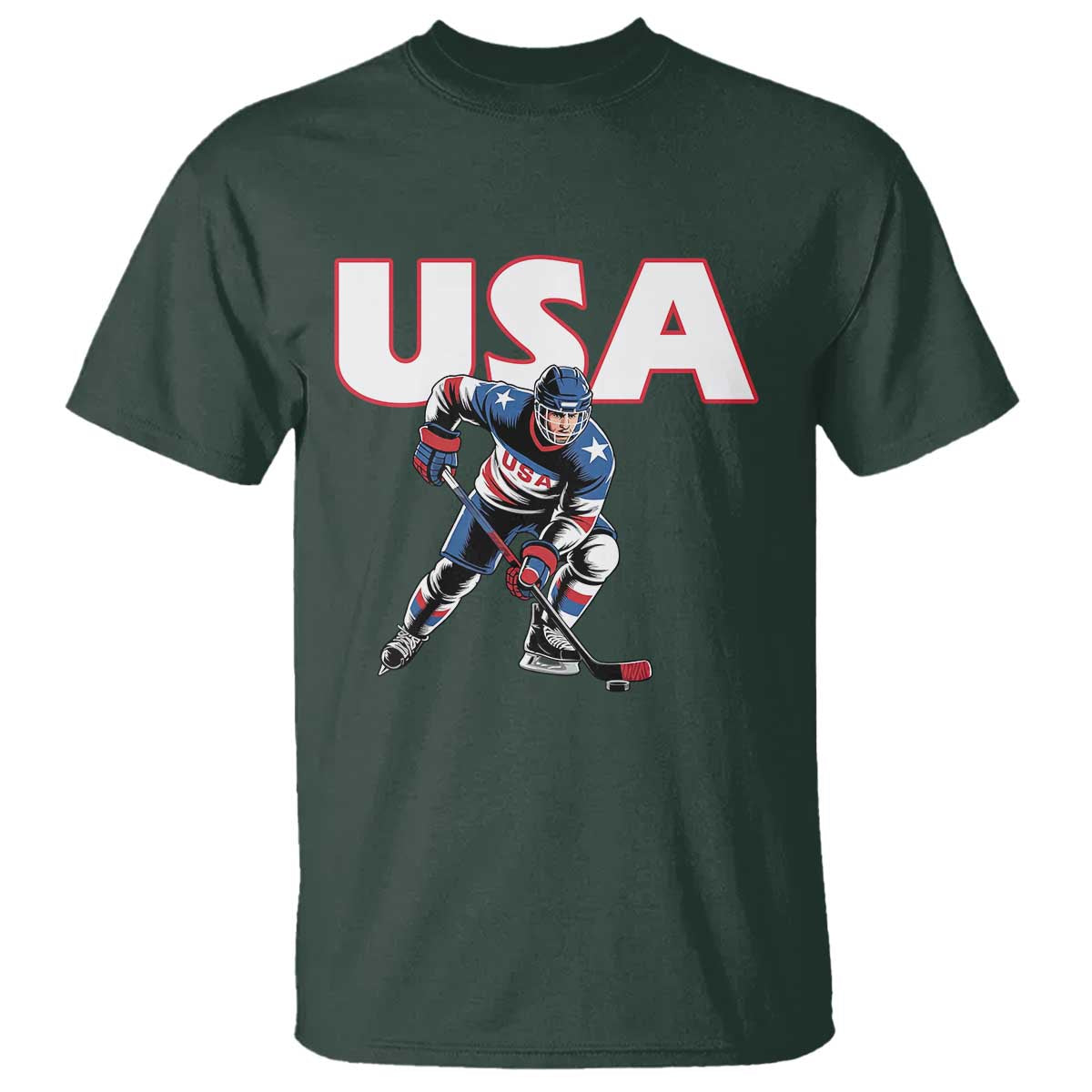 USA Ice Hockey Player Patriotic Graphic T Shirt Red White and Blue American Sports Fan TS02 Dark Forest Green Print Your Wear