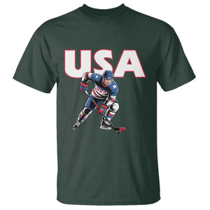 USA Ice Hockey Player Patriotic Graphic T Shirt Red White and Blue American Sports Fan TS02 Dark Forest Green Print Your Wear