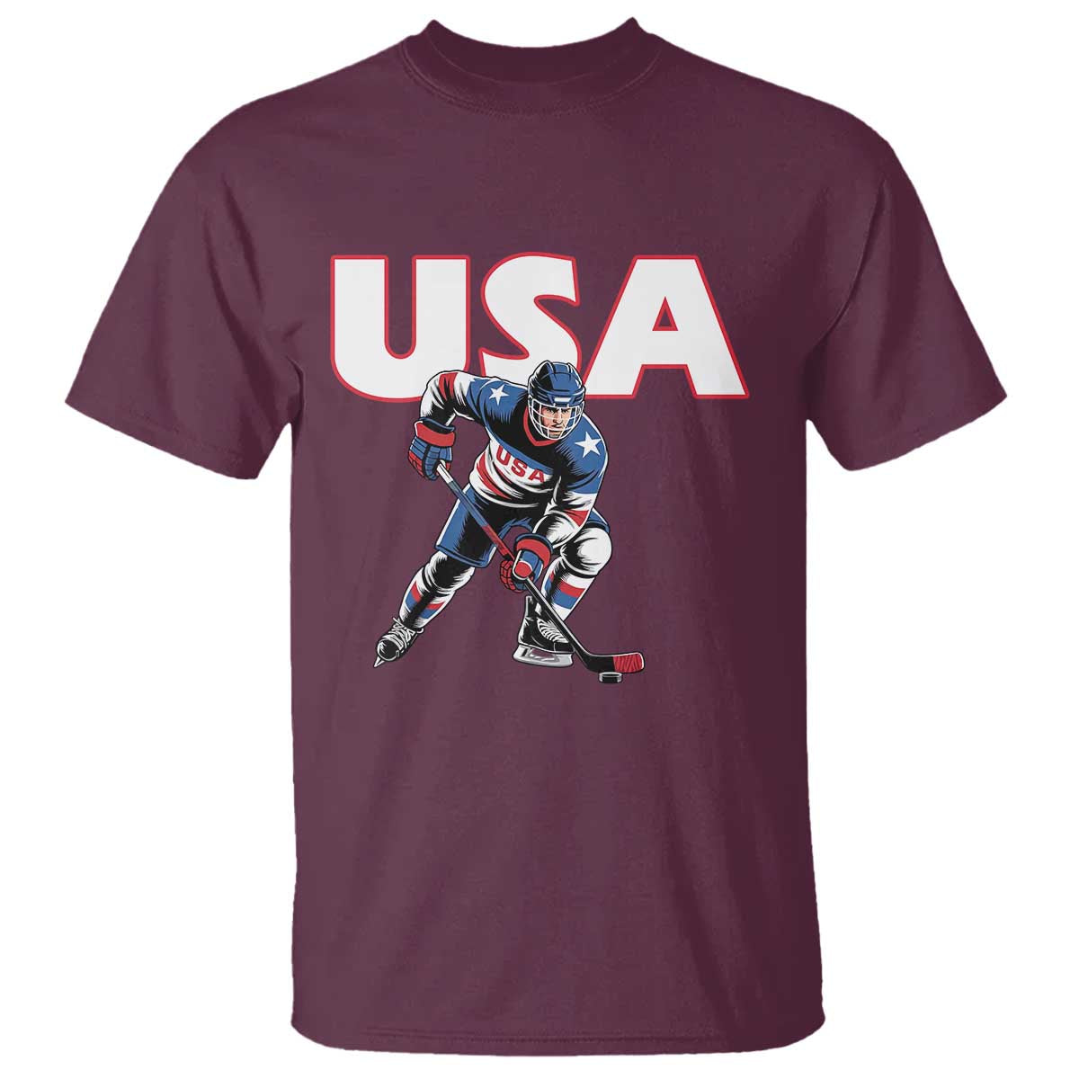 USA Ice Hockey Player Patriotic Graphic T Shirt Red White and Blue American Sports Fan TS02 Maroon Print Your Wear