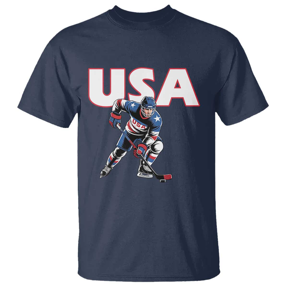 USA Ice Hockey Player Patriotic Graphic T Shirt Red White and Blue American Sports Fan TS02 Navy Print Your Wear