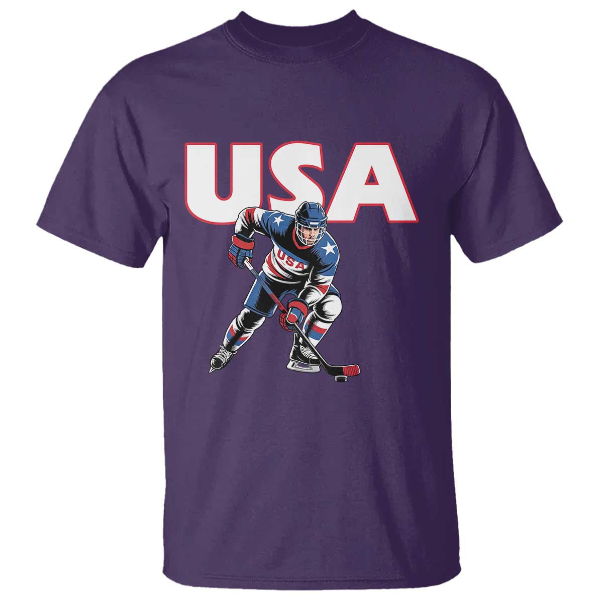 USA Ice Hockey Player Patriotic Graphic T Shirt Red White and Blue American Sports Fan TS02 Purple Print Your Wear