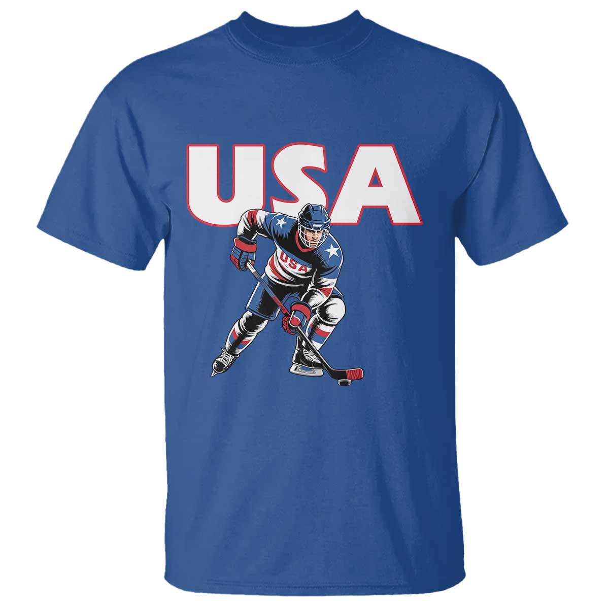 USA Ice Hockey Player Patriotic Graphic T Shirt Red White and Blue American Sports Fan TS02 Royal Blue Print Your Wear