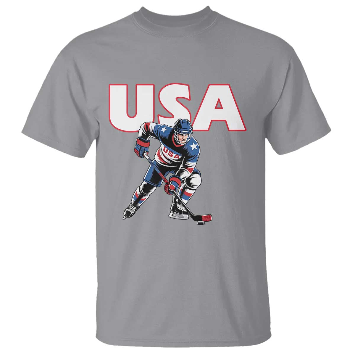 USA Ice Hockey Player Patriotic Graphic T Shirt Red White and Blue American Sports Fan TS02 Sport Gray Print Your Wear