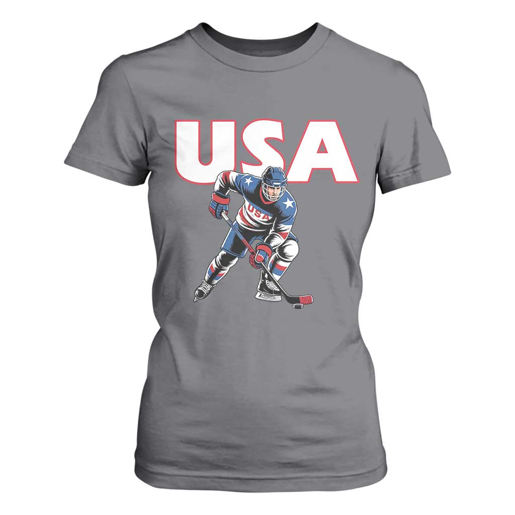 USA Ice Hockey Player Patriotic Graphic T Shirt For Women Red White and Blue American Sports Fan TS02 Charcoal Print Your Wear