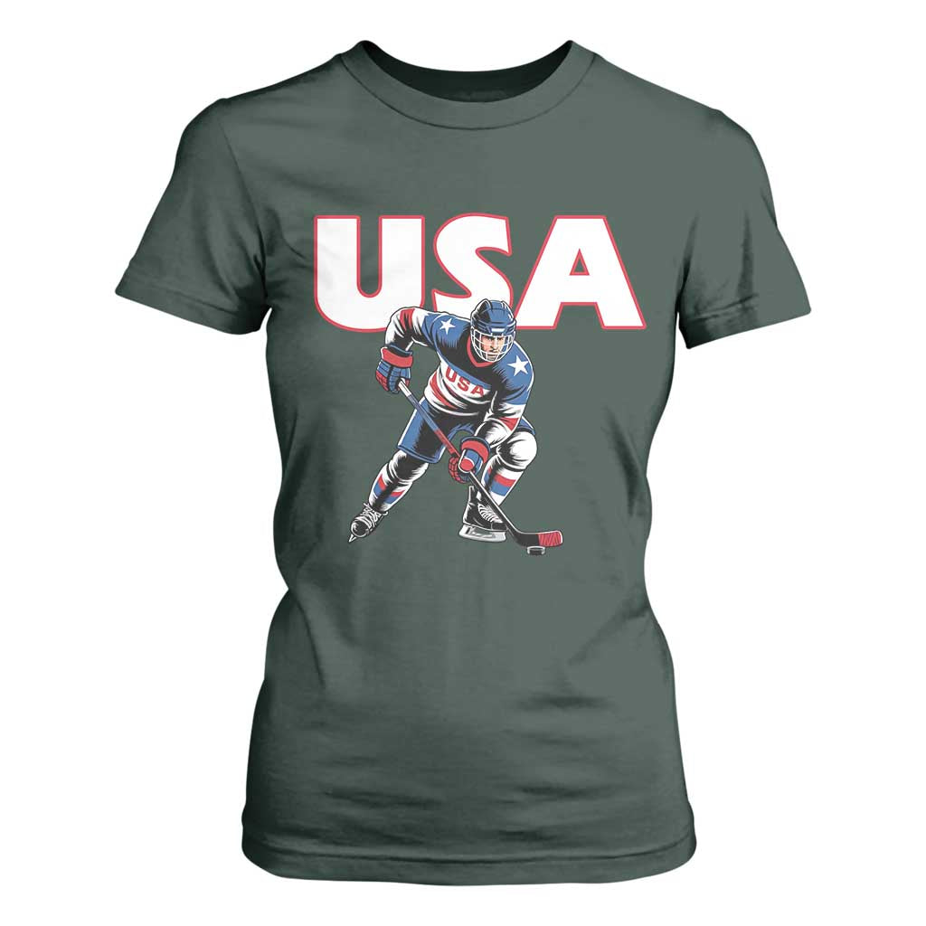 USA Ice Hockey Player Patriotic Graphic T Shirt For Women Red White and Blue American Sports Fan TS02 Dark Forest Green Print Your Wear