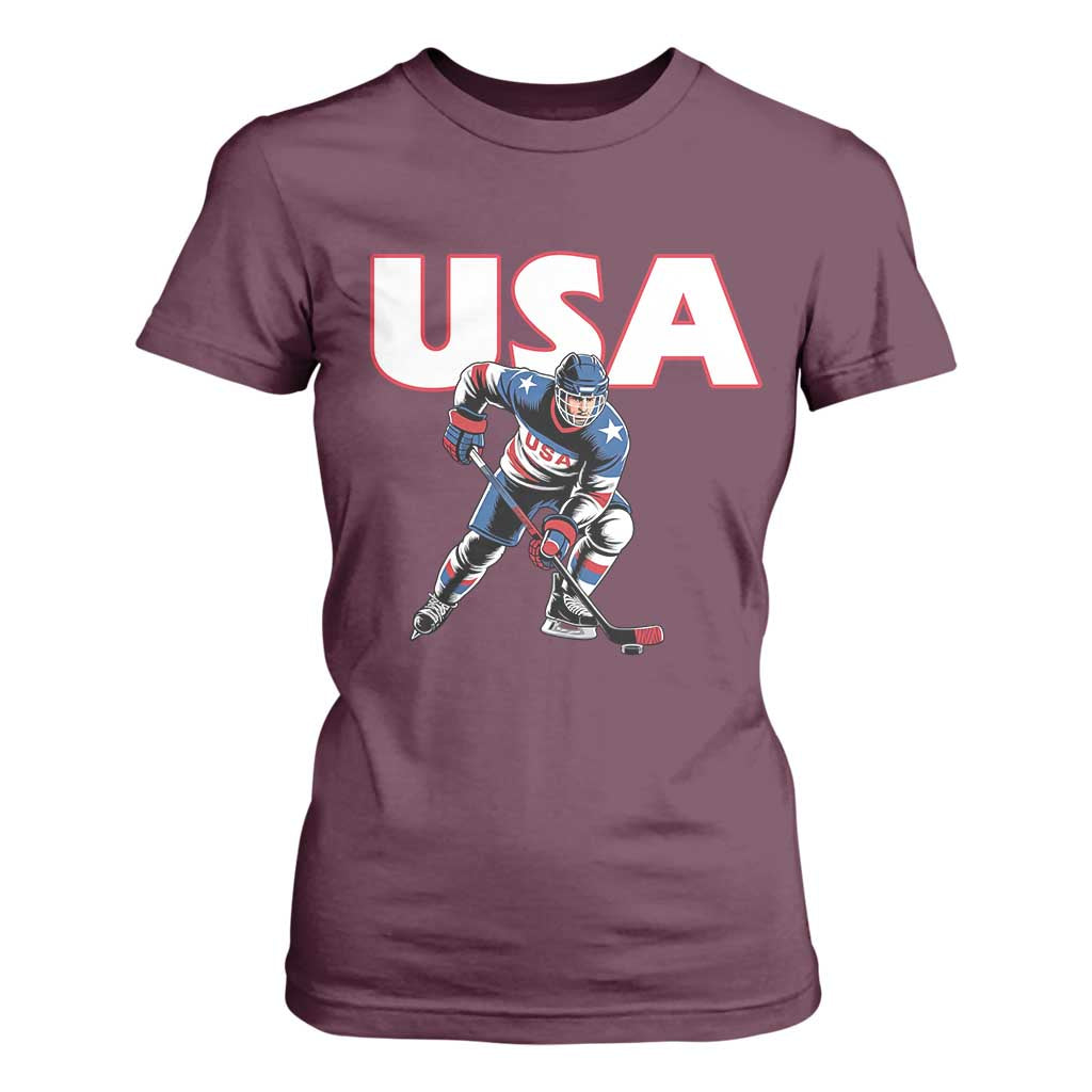 USA Ice Hockey Player Patriotic Graphic T Shirt For Women Red White and Blue American Sports Fan TS02 Maroon Print Your Wear
