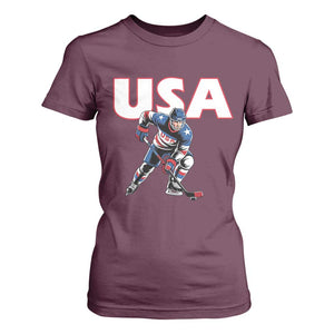 USA Ice Hockey Player Patriotic Graphic T Shirt For Women Red White and Blue American Sports Fan TS02 Maroon Print Your Wear