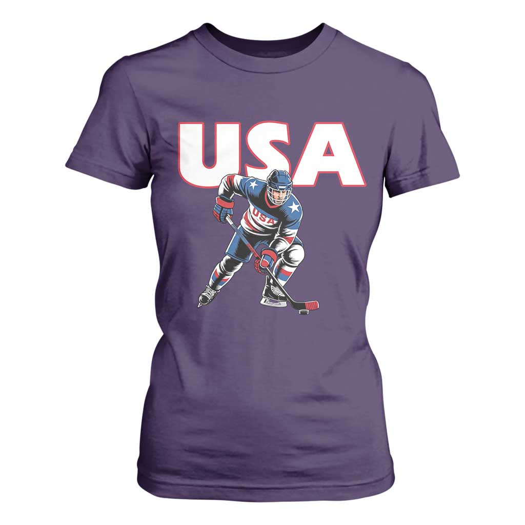 USA Ice Hockey Player Patriotic Graphic T Shirt For Women Red White and Blue American Sports Fan TS02 Purple Print Your Wear