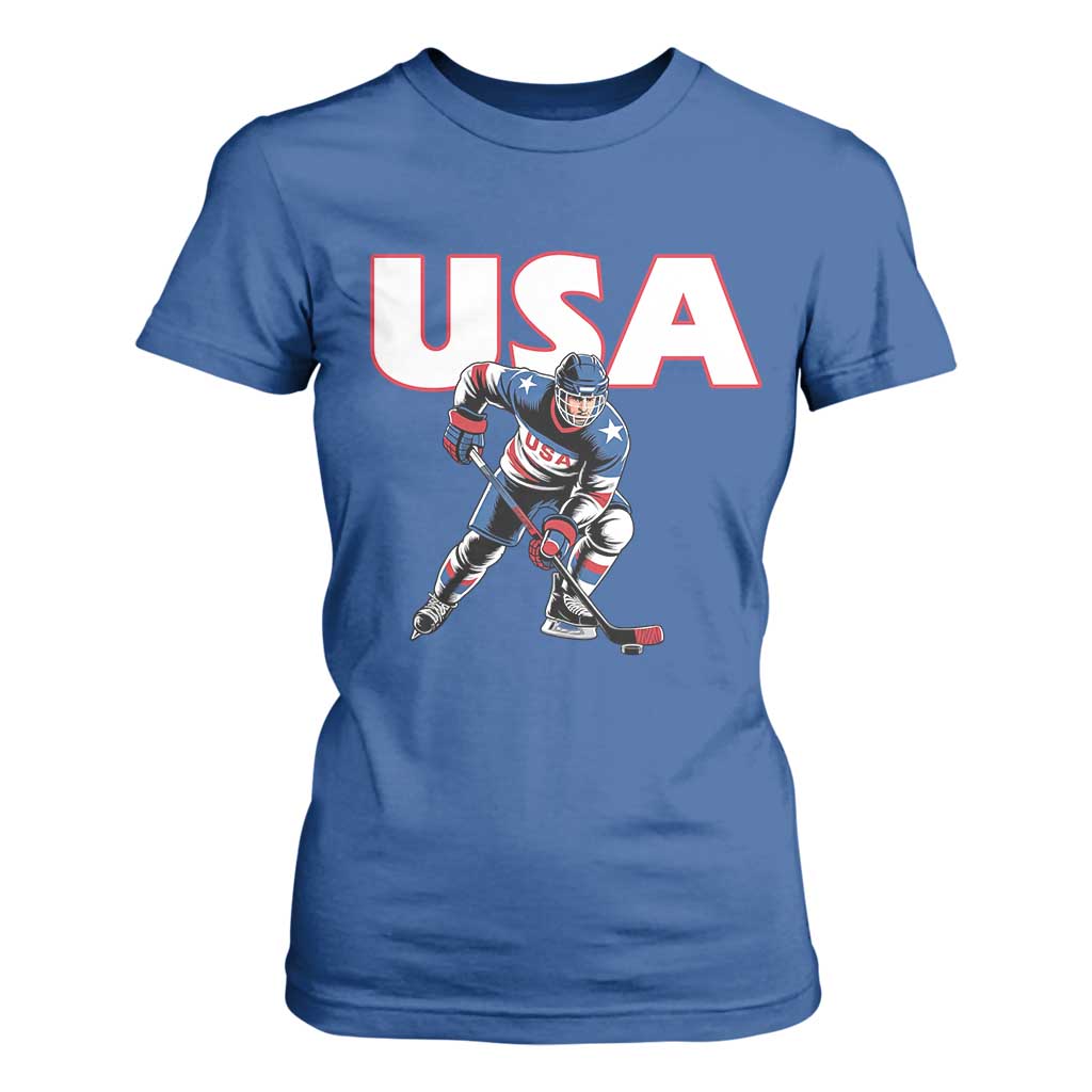 USA Ice Hockey Player Patriotic Graphic T Shirt For Women Red White and Blue American Sports Fan TS02 Royal Blue Print Your Wear