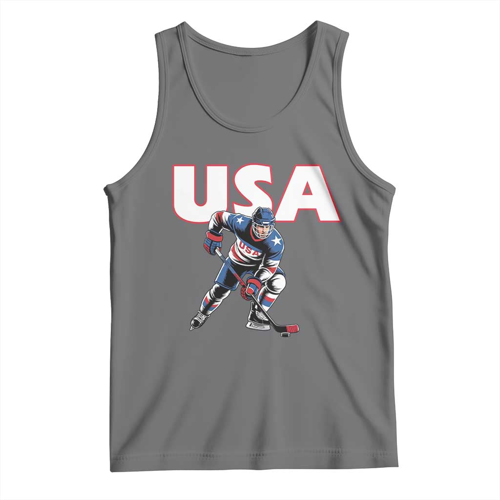 USA Ice Hockey Player Patriotic Graphic Tank Top Red White and Blue American Sports Fan TS02 Black Heather Print Your Wear