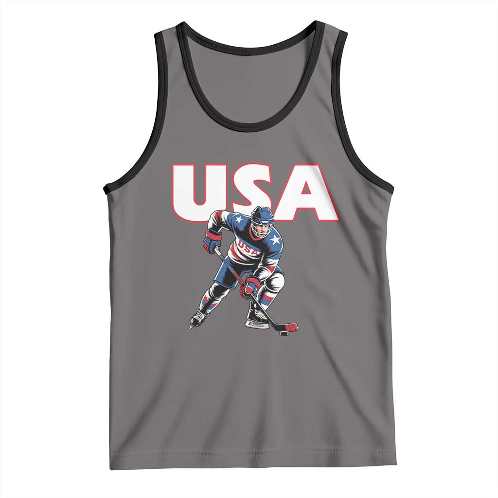 USA Ice Hockey Player Patriotic Graphic Tank Top Red White and Blue American Sports Fan TS02 Deep Heather Black Print Your Wear