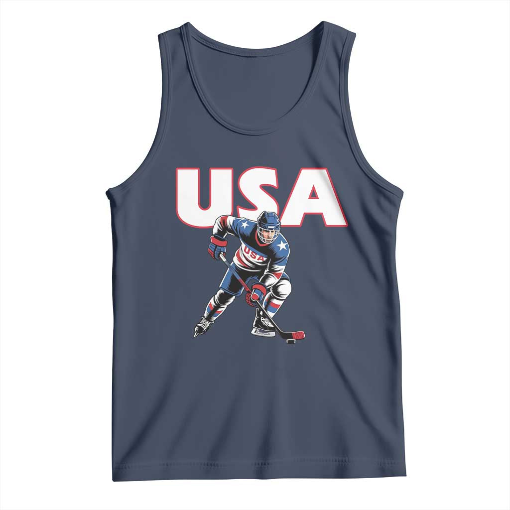 USA Ice Hockey Player Patriotic Graphic Tank Top Red White and Blue American Sports Fan TS02 Navy Print Your Wear