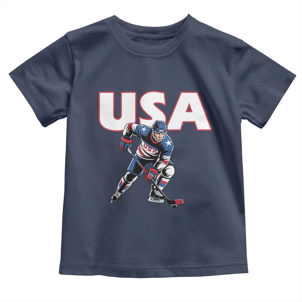USA Ice Hockey Player Patriotic Graphic Toddler T Shirt Red White and Blue American Sports Fan TS02 Navy Print Your Wear