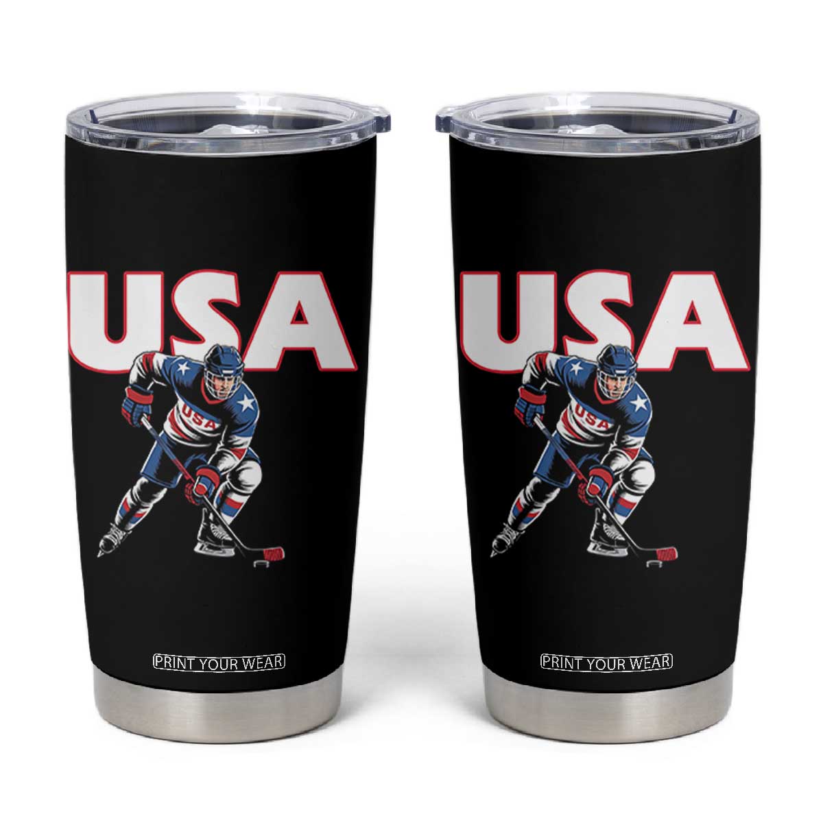 USA Ice Hockey Player Patriotic Graphic Tumbler Cup Red White and Blue American Sports Fan TS02 Black Print Your Wear
