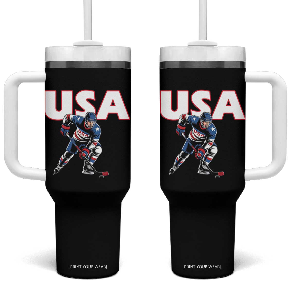 USA Ice Hockey Player Patriotic Graphic Tumbler With Handle Red White and Blue American Sports Fan TS02 One Size: 40 oz Black Print Your Wear