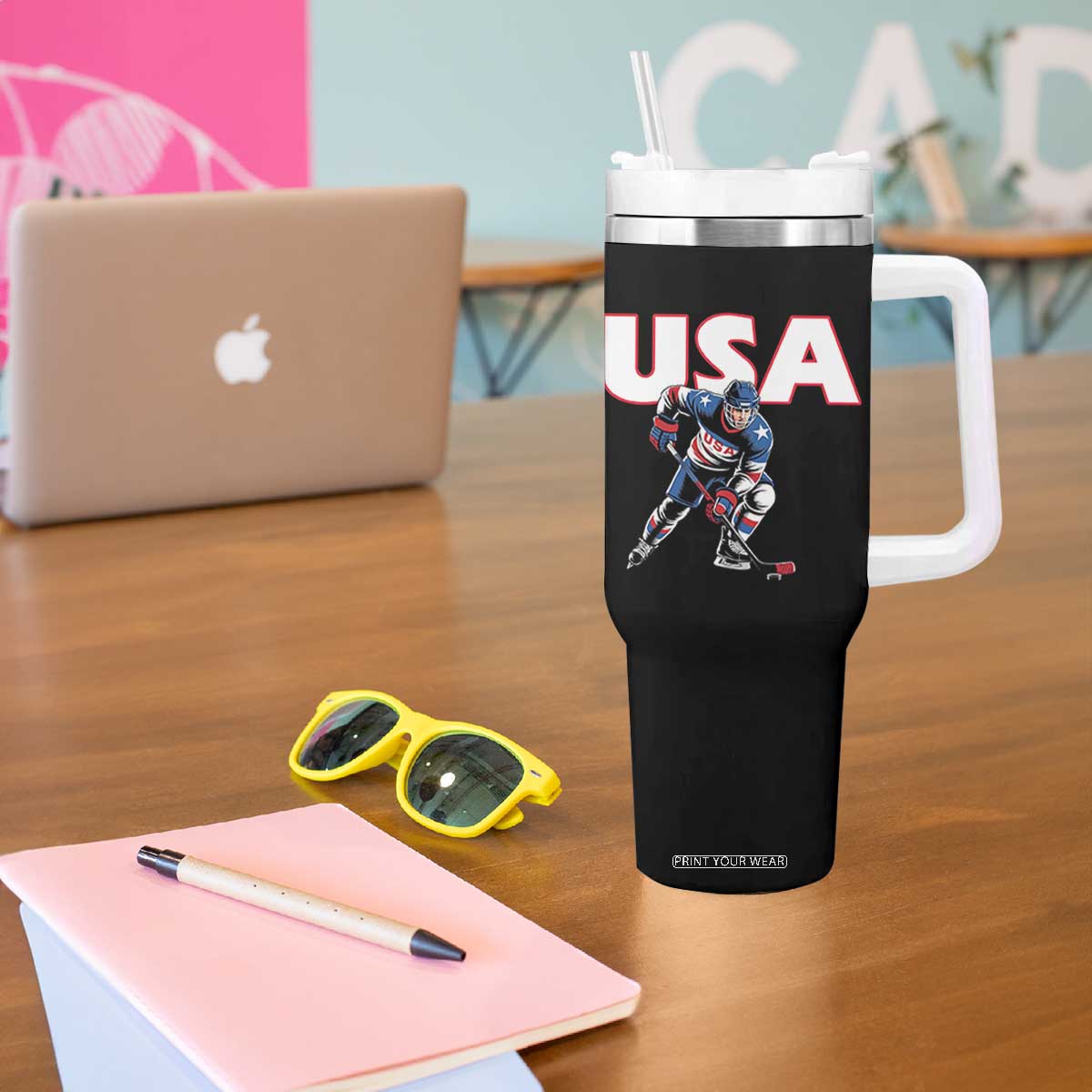 USA Ice Hockey Player Patriotic Graphic Tumbler With Handle Red White and Blue American Sports Fan TS02 Print Your Wear