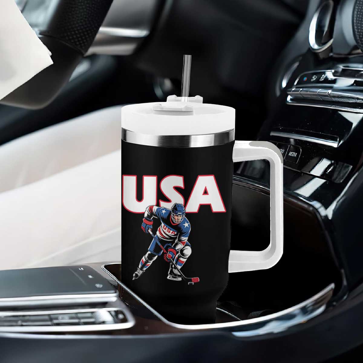 USA Ice Hockey Player Patriotic Graphic Tumbler With Handle Red White and Blue American Sports Fan TS02 Print Your Wear