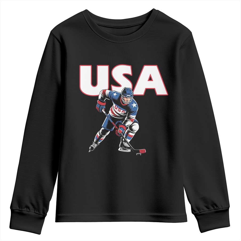 USA Ice Hockey Player Patriotic Graphic Youth Sweatshirt Red White and Blue American Sports Fan TS02 Black Print Your Wear