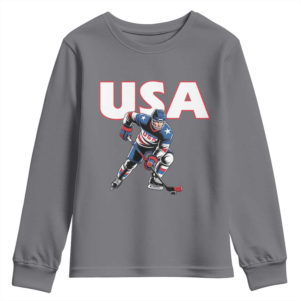 USA Ice Hockey Player Patriotic Graphic Youth Sweatshirt Red White and Blue American Sports Fan TS02 Charcoal Print Your Wear