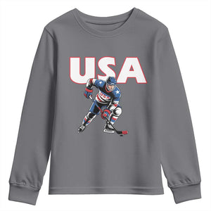 USA Ice Hockey Player Patriotic Graphic Youth Sweatshirt Red White and Blue American Sports Fan TS02 Charcoal Print Your Wear