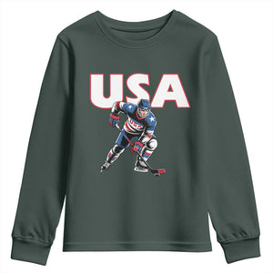 USA Ice Hockey Player Patriotic Graphic Youth Sweatshirt Red White and Blue American Sports Fan TS02 Dark Forest Green Print Your Wear