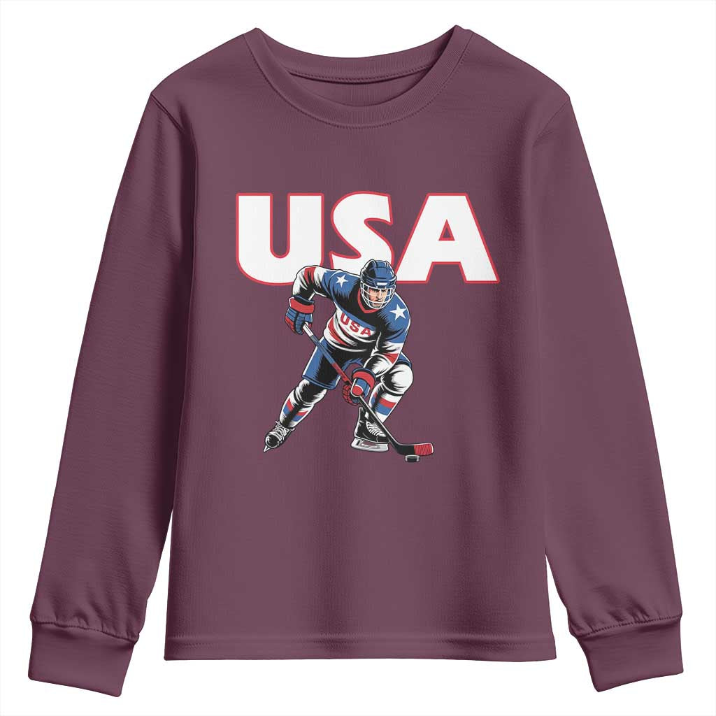 USA Ice Hockey Player Patriotic Graphic Youth Sweatshirt Red White and Blue American Sports Fan TS02 Maroon Print Your Wear
