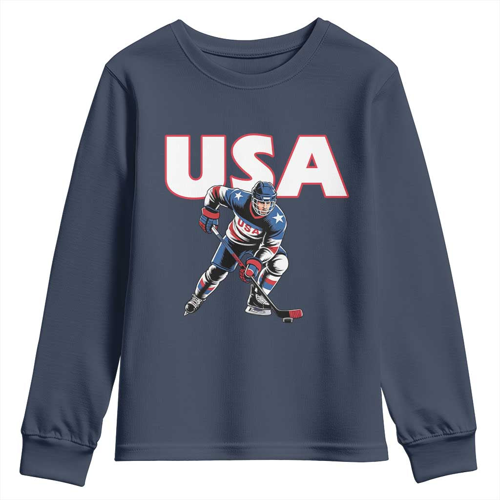 USA Ice Hockey Player Patriotic Graphic Youth Sweatshirt Red White and Blue American Sports Fan TS02 Navy Print Your Wear