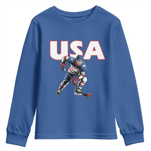 USA Ice Hockey Player Patriotic Graphic Youth Sweatshirt Red White and Blue American Sports Fan TS02 Royal Blue Print Your Wear