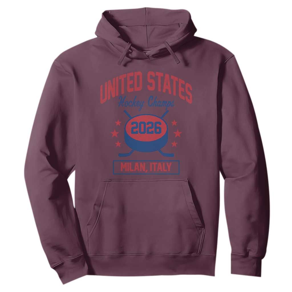 United States Hockey Champs 2026 Milan Italy Hoodie Patriotic USA Gold Medal Winter Games Fan TS02 Maroon Print Your Wear