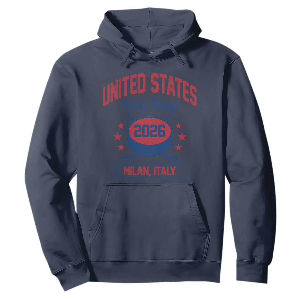 United States Hockey Champs 2026 Milan Italy Hoodie Patriotic USA Gold Medal Winter Games Fan TS02 Navy Print Your Wear