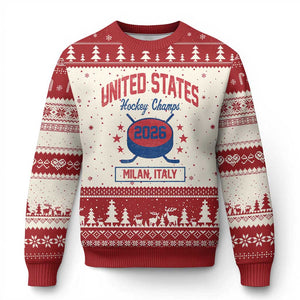 United States Hockey Champs 2026 Milan Italy Ugly Christmas Sweater Patriotic USA Gold Medal Winter Games Fan TS02 Beige Red Print Your Wear