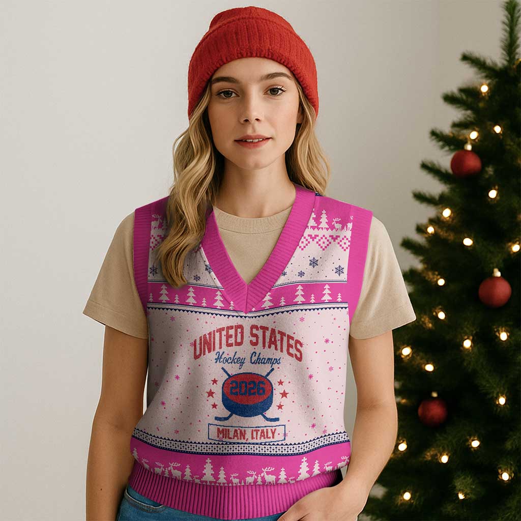 United States Hockey Champs 2026 Milan Italy V-Neck Knit Sweater Vest Patriotic USA Gold Medal Winter Games Fan TS02 Hot Pink Print Your Wear