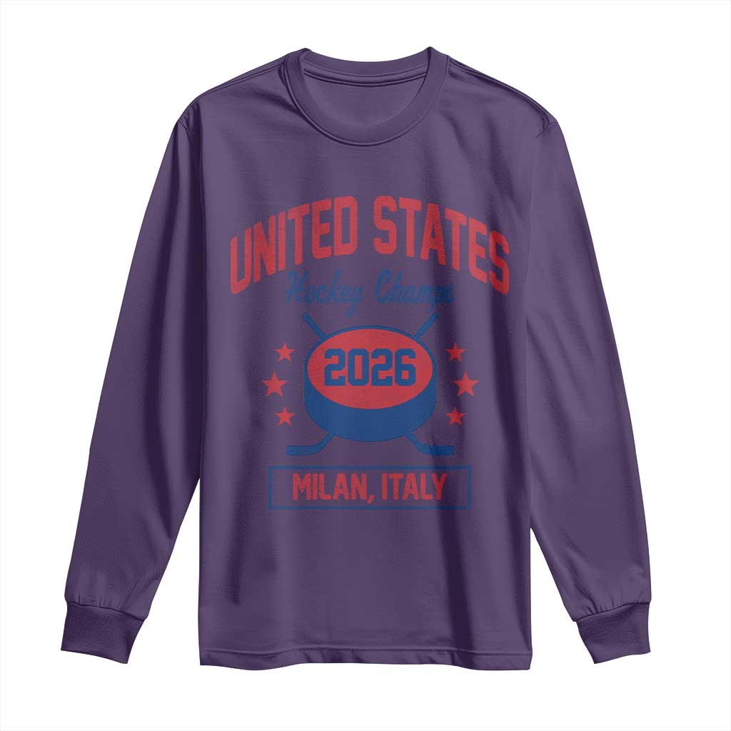 United States Hockey Champs 2026 Milan Italy Long Sleeve Shirt Patriotic USA Gold Medal Winter Games Fan TS02 Purple Print Your Wear