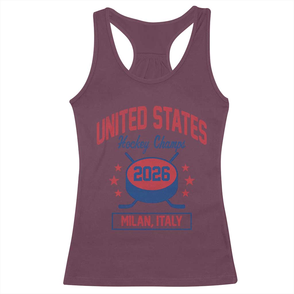 United States Hockey Champs 2026 Milan Italy Racerback Tank Top Patriotic USA Gold Medal Winter Games Fan TS02 Maroon Print Your Wear