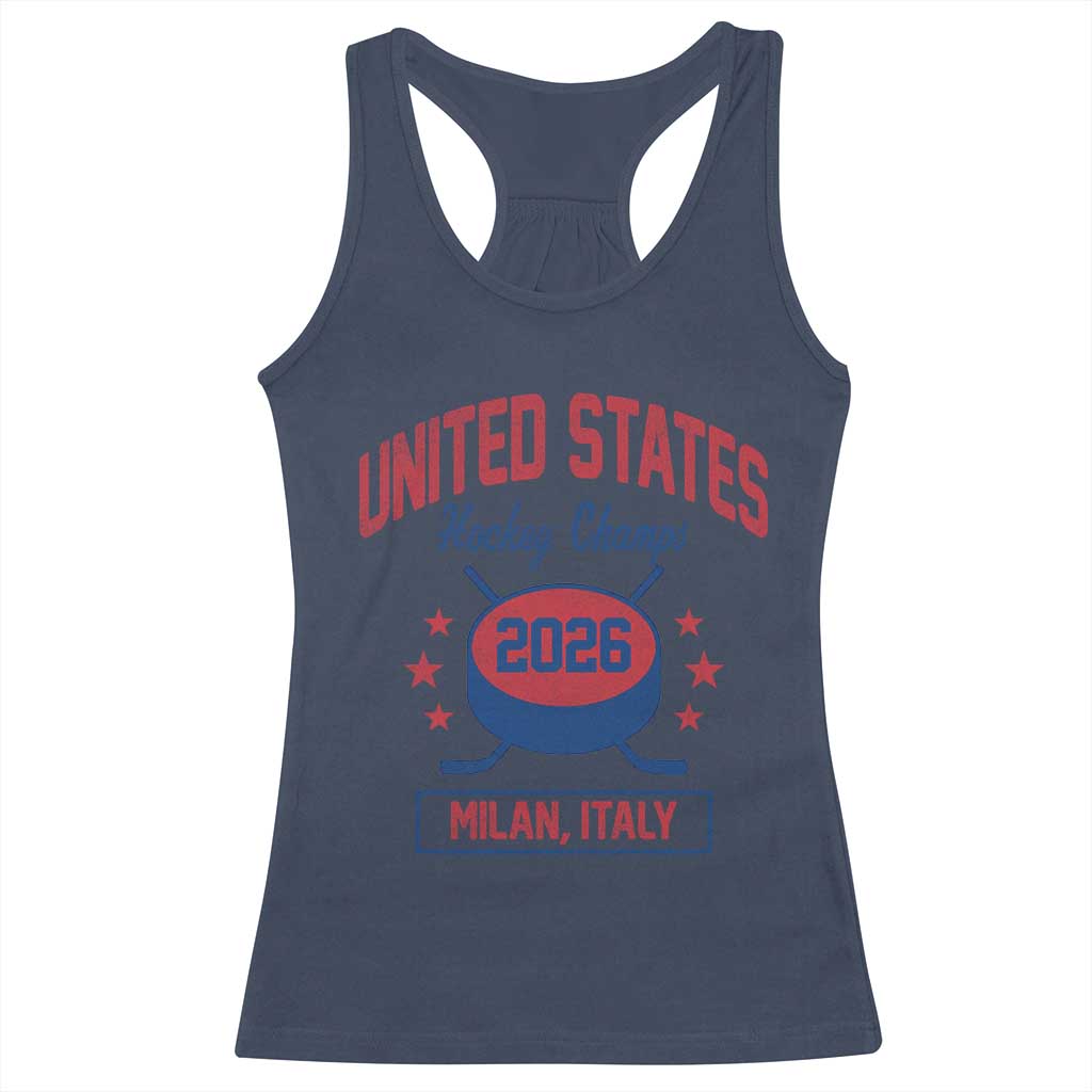 United States Hockey Champs 2026 Milan Italy Racerback Tank Top Patriotic USA Gold Medal Winter Games Fan TS02 Navy Print Your Wear