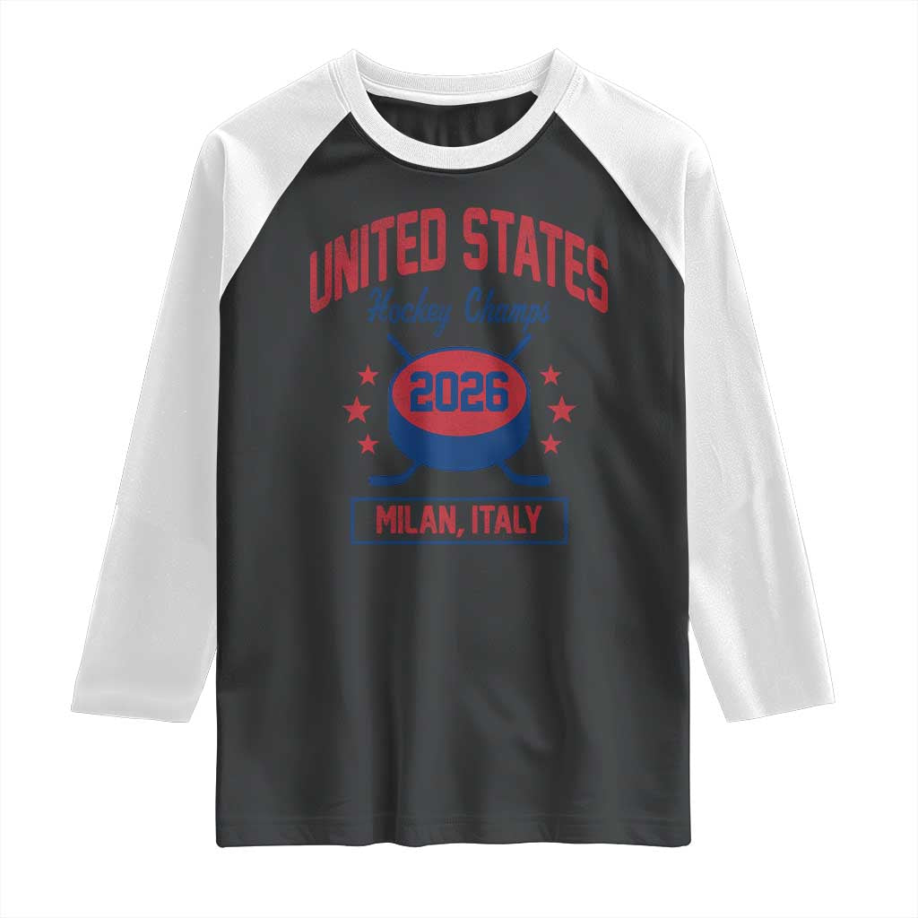 United States Hockey Champs 2026 Milan Italy Raglan Shirt Patriotic USA Gold Medal Winter Games Fan TS02 Black White Print Your Wear