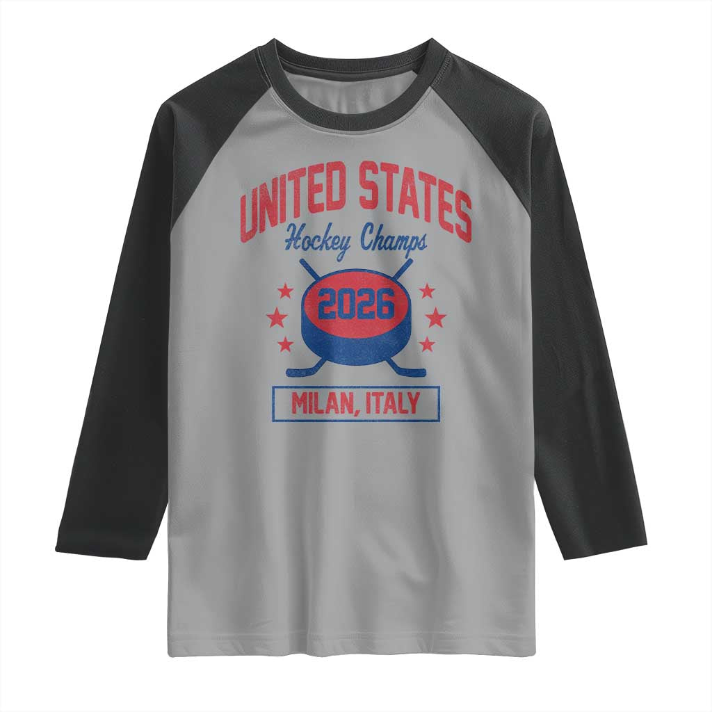 United States Hockey Champs 2026 Milan Italy Raglan Shirt Patriotic USA Gold Medal Winter Games Fan TS02 Sport Gray Black Print Your Wear