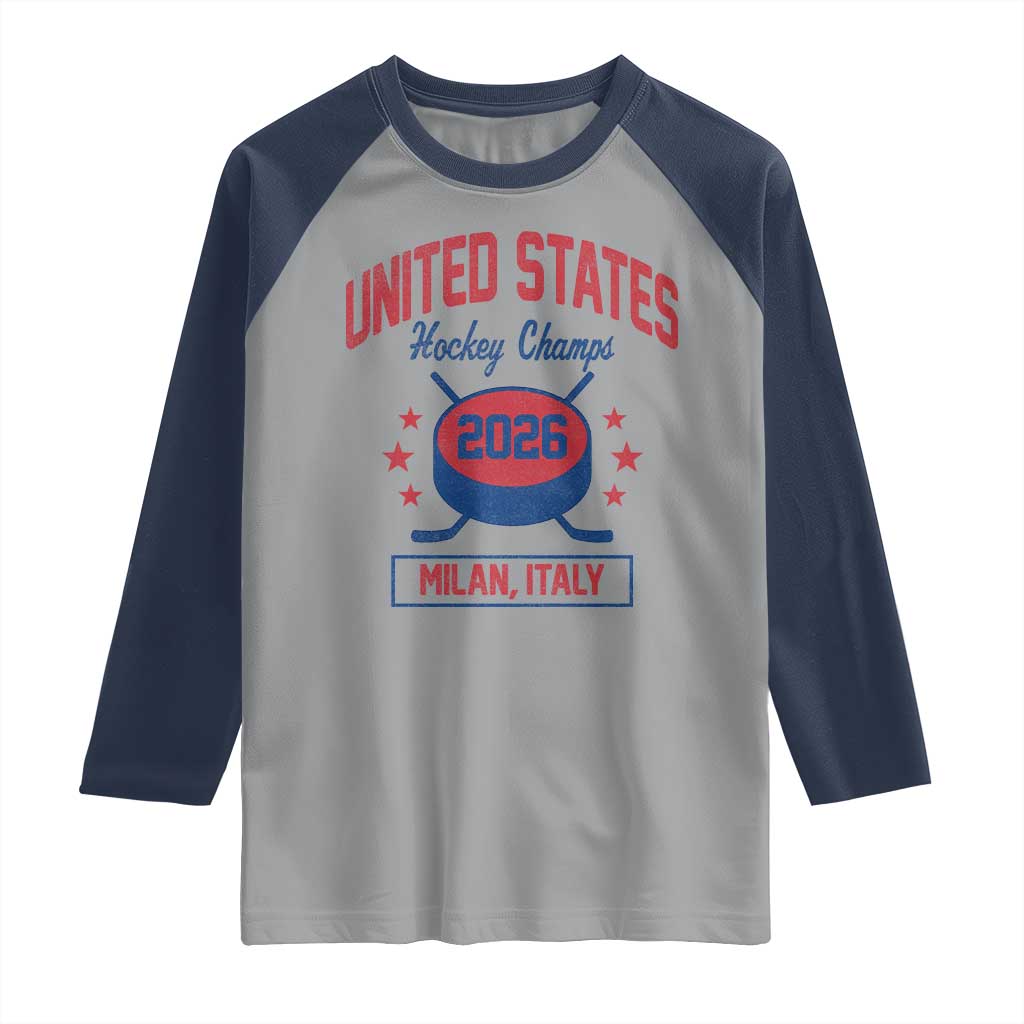 United States Hockey Champs 2026 Milan Italy Raglan Shirt Patriotic USA Gold Medal Winter Games Fan TS02 Sport Gray Navy Print Your Wear