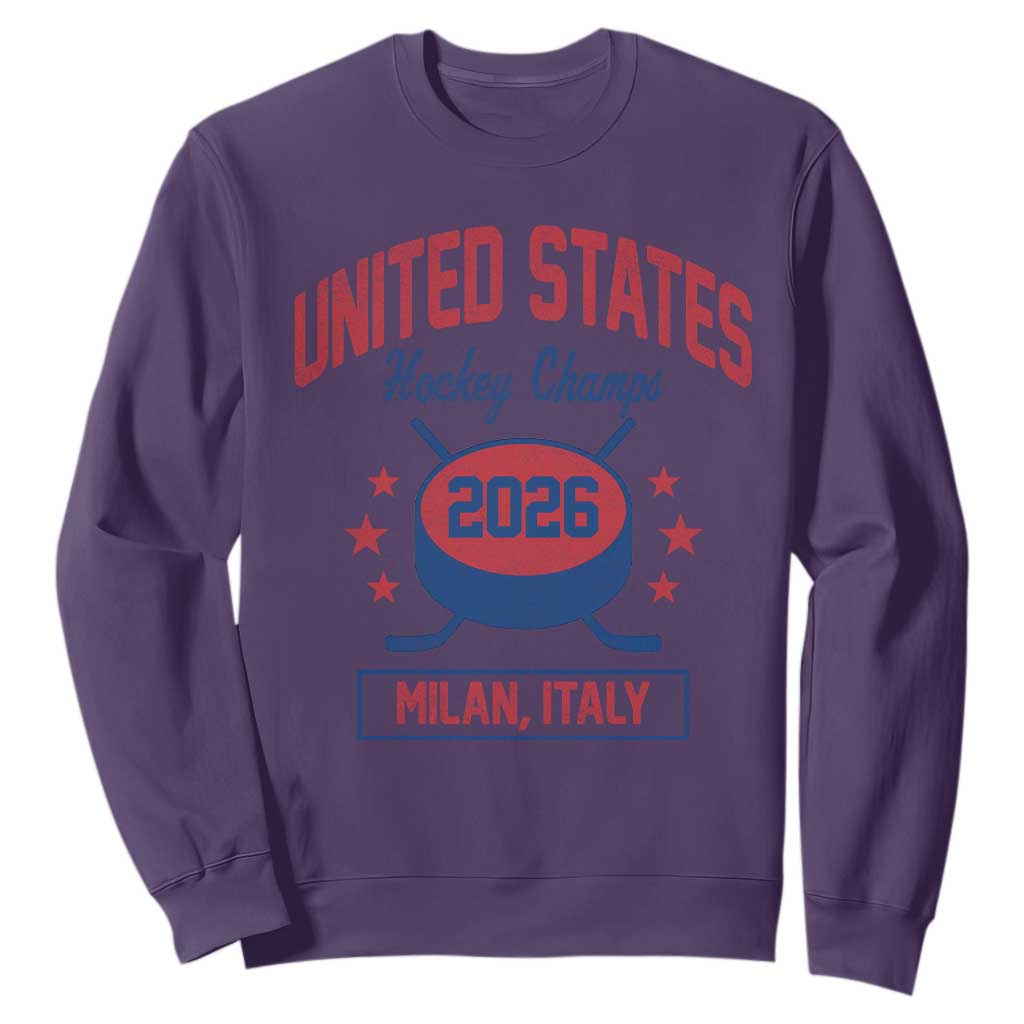 United States Hockey Champs 2026 Milan Italy Sweatshirt Patriotic USA Gold Medal Winter Games Fan TS02 Purple Print Your Wear