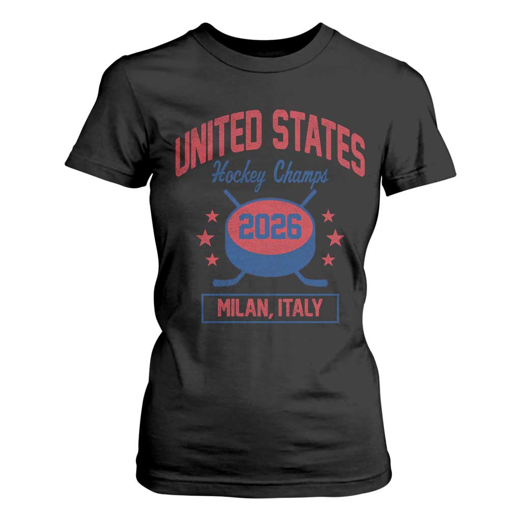 United States Hockey Champs 2026 Milan Italy T Shirt For Women Patriotic USA Gold Medal Winter Games Fan TS02 Black Print Your Wear