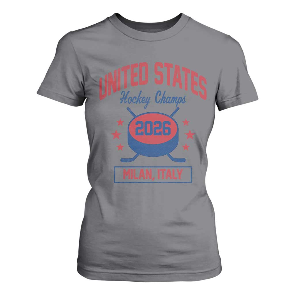 United States Hockey Champs 2026 Milan Italy T Shirt For Women Patriotic USA Gold Medal Winter Games Fan TS02 Charcoal Print Your Wear