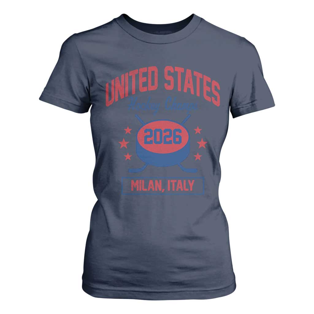 United States Hockey Champs 2026 Milan Italy T Shirt For Women Patriotic USA Gold Medal Winter Games Fan TS02 Navy Print Your Wear