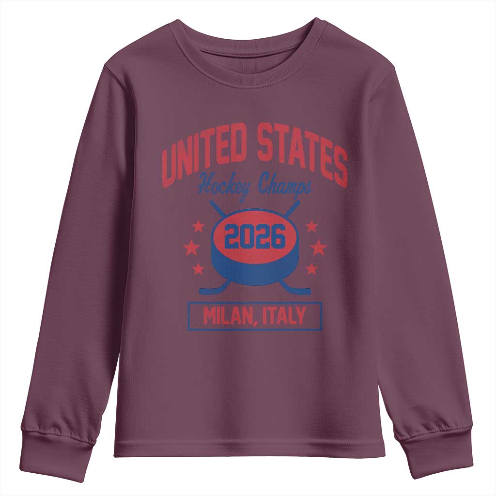 United States Hockey Champs 2026 Milan Italy Youth Sweatshirt Patriotic USA Gold Medal Winter Games Fan TS02 Maroon Print Your Wear