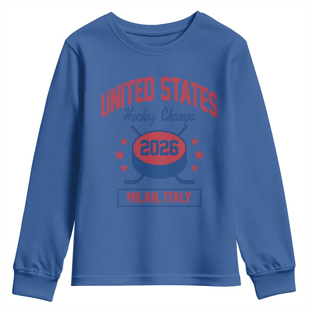 United States Hockey Champs 2026 Milan Italy Youth Sweatshirt Patriotic USA Gold Medal Winter Games Fan TS02 Royal Blue Print Your Wear