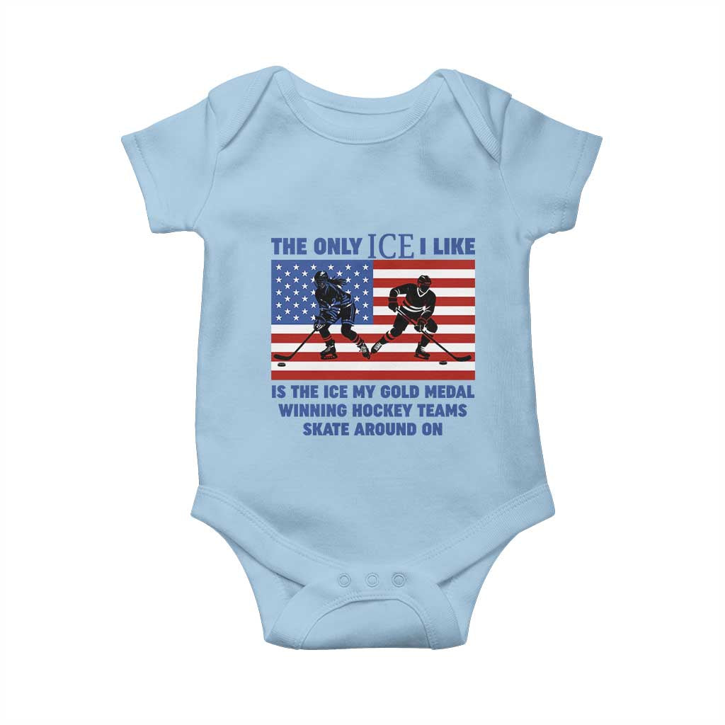 USA Gold Medal Hockey Patriotic American Flag Baby Onesie The Only Ice I Like Champions TS02 Light Blue Print Your Wear
